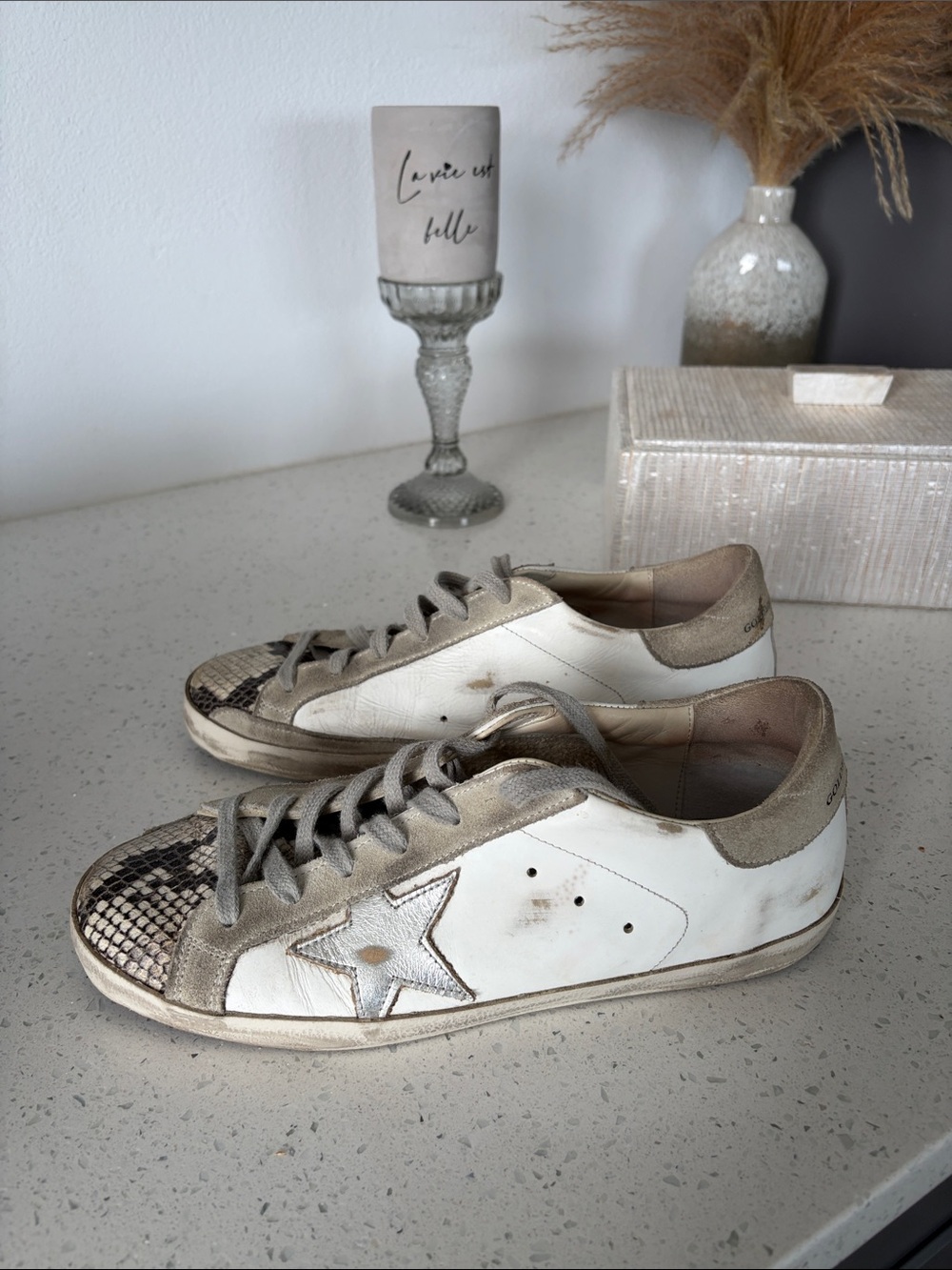 Golden Goose SuperWomen’s White Leather Sneaker with Snakeskin And Beige Accents